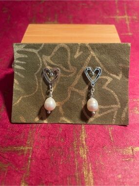 Silver Heart Drop Pearl Earrings - White Pearl